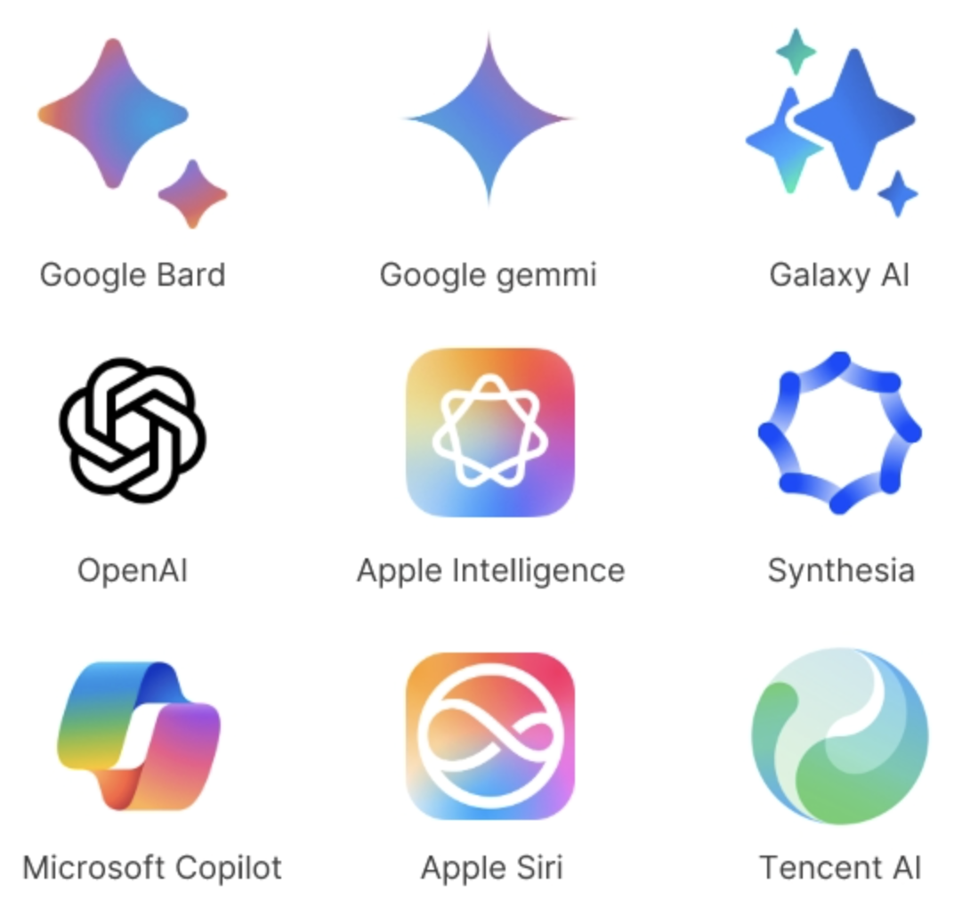 Logos of AI tools from various technology companies