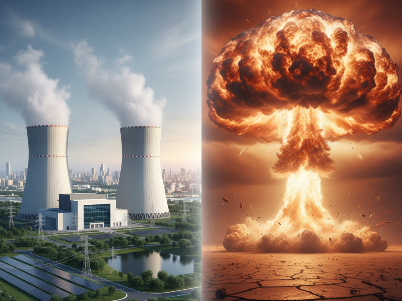nuclear energy next to nuclear bomb exploding showing the stark difference of usage of the same technology